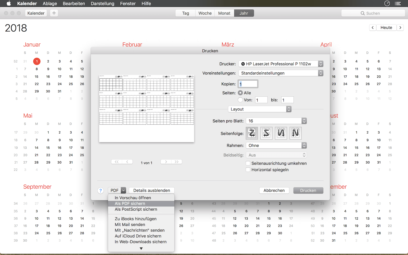 Choose „Save as PDF“ in iCal print menu
