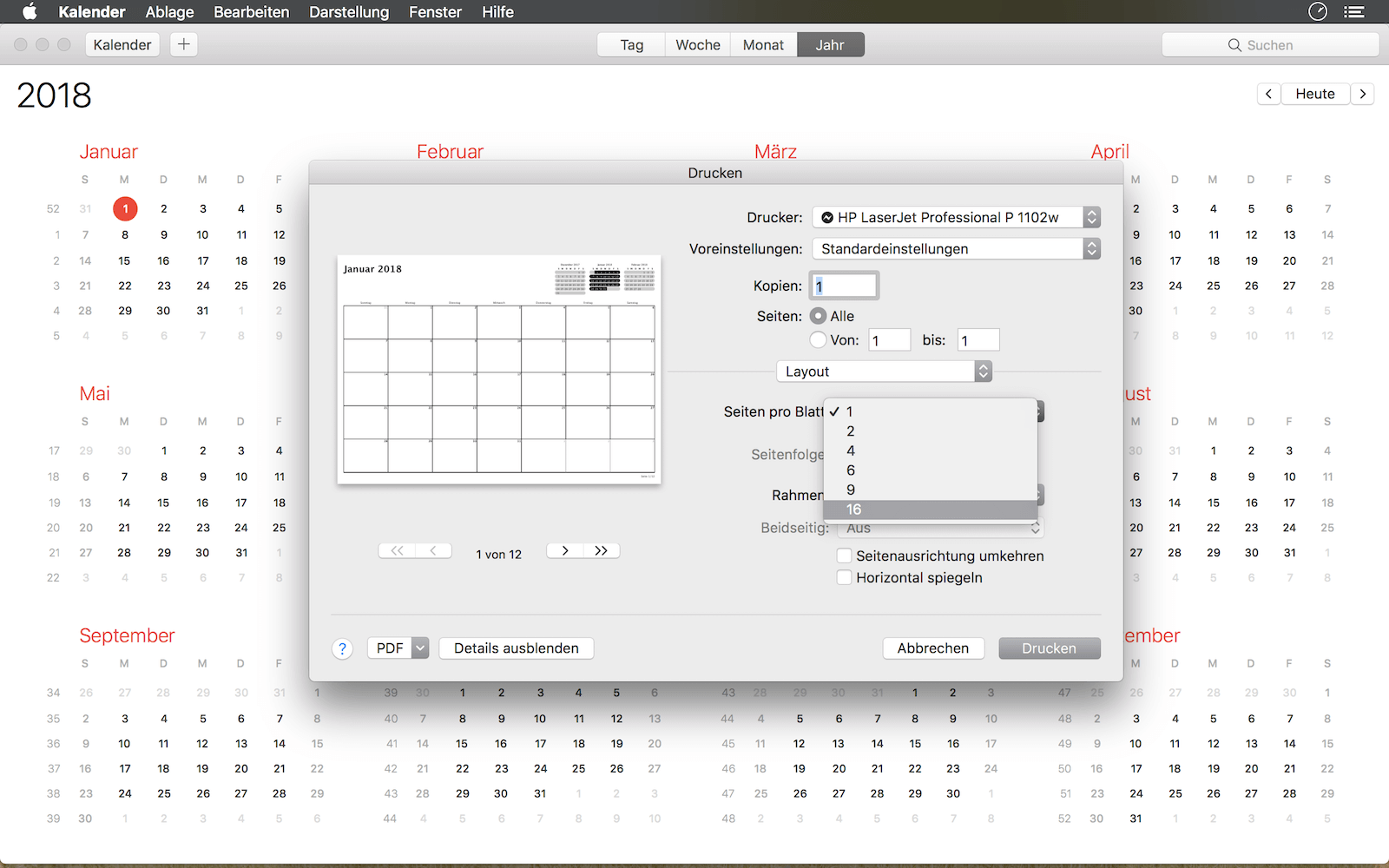 Choose 16 pages to print in iCal