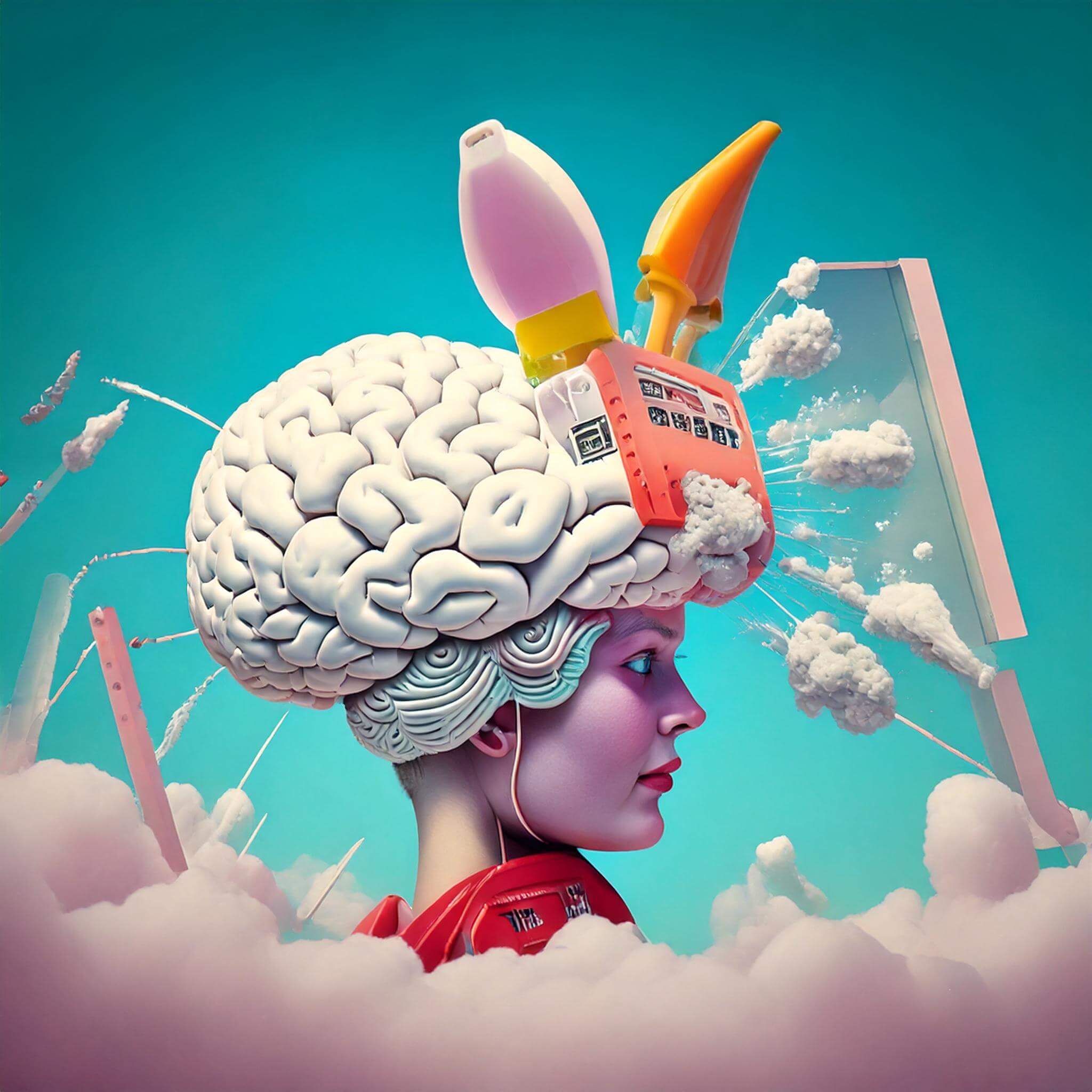 A quirky, surreal illustration of a brain with small clouds (representing 'brain farts') floating out of it, some sharp and arrow-like ('darts') while others are misshapen, wart-like bubbles. The brain is positioned like a vending machine, with a glowing 'gateway' button below that invites interaction. Playful, whimsical typography surrounds the image, with a warning sign humorously displayed in the background. Bright colors, slightly retro, with a mix of fun and oddball details.